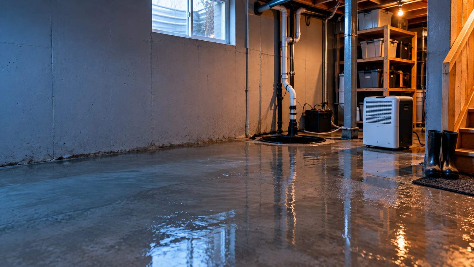 Flooded basement in a Calgary home with standing water near a sump pit