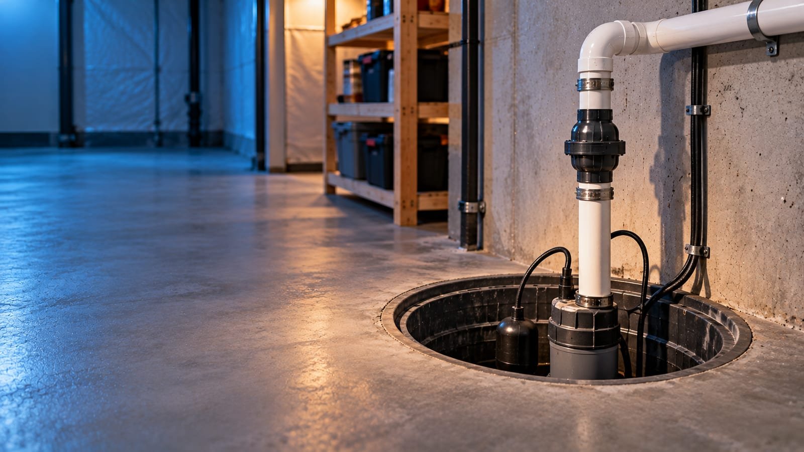 Sump pump in a Calgary basement pit with discharge pipe