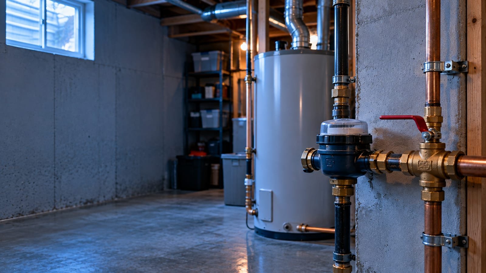 Main water shut-off valve beside the water meter in a Calgary basement