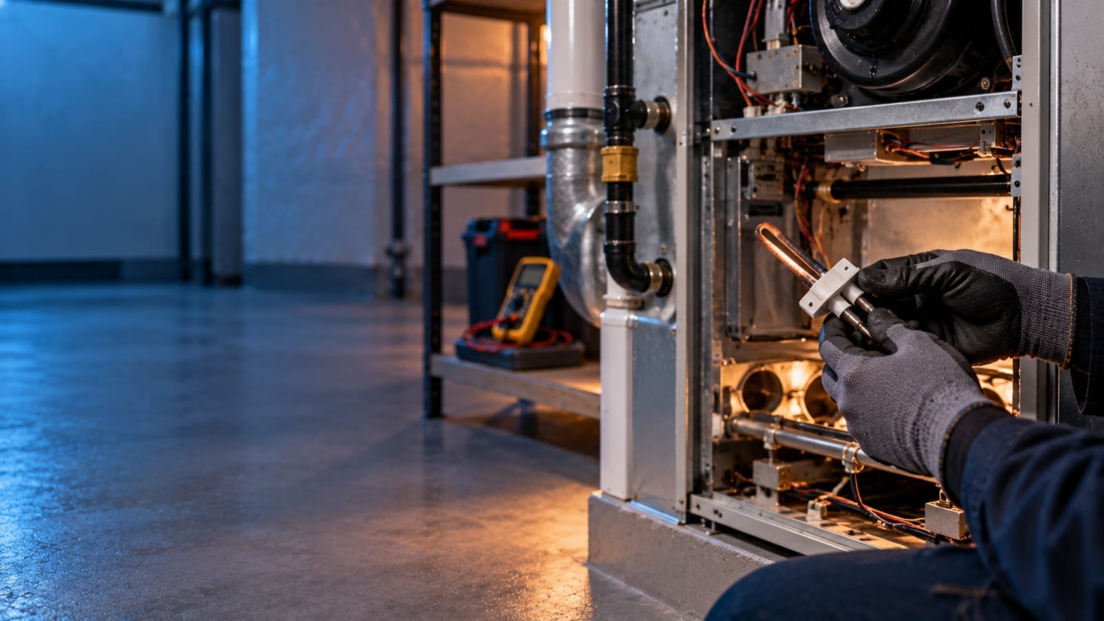 Technician inspecting a furnace igniter during a repair in Calgary
