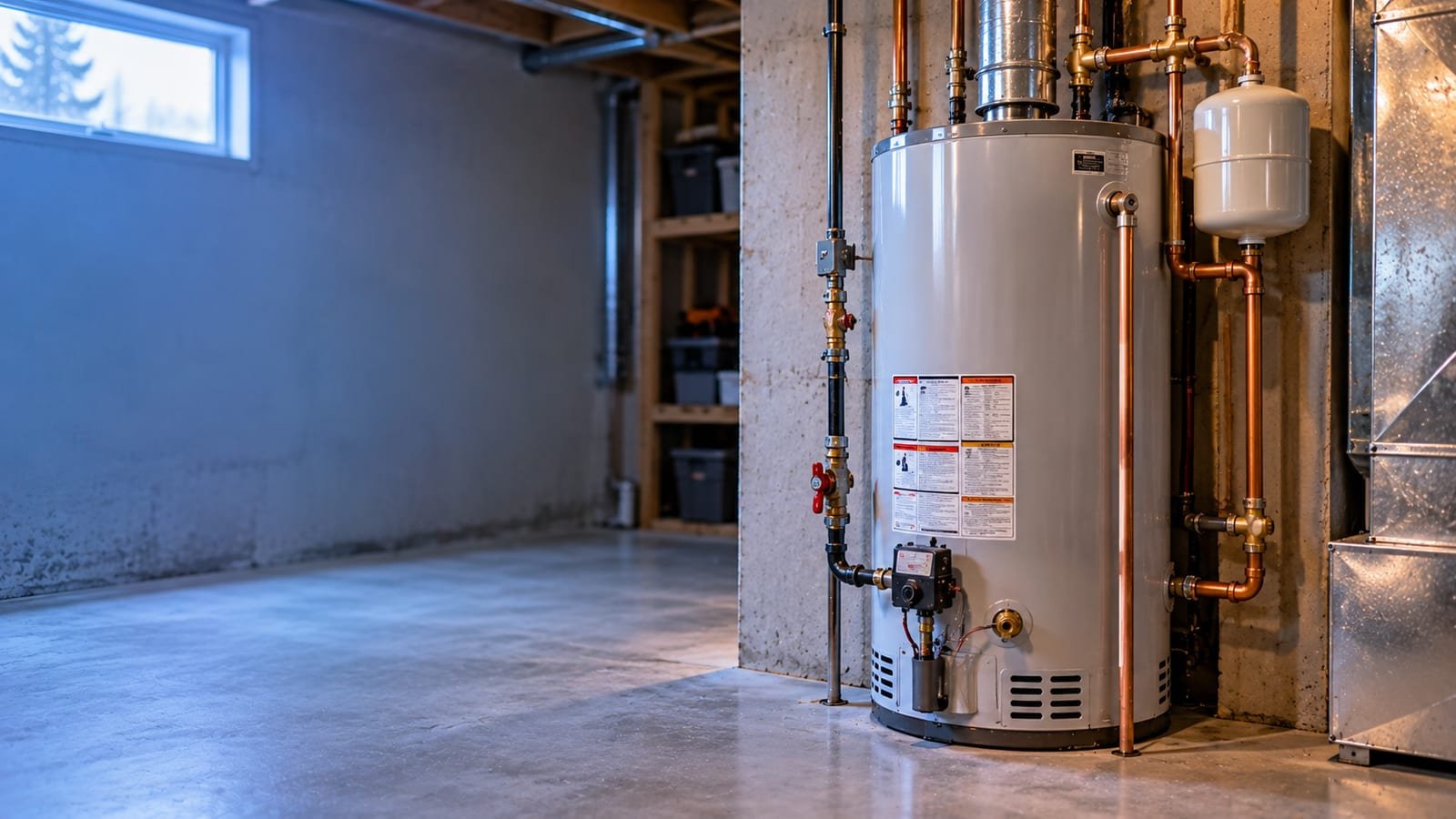 Hot water tank with rating label in a Calgary basement utility room