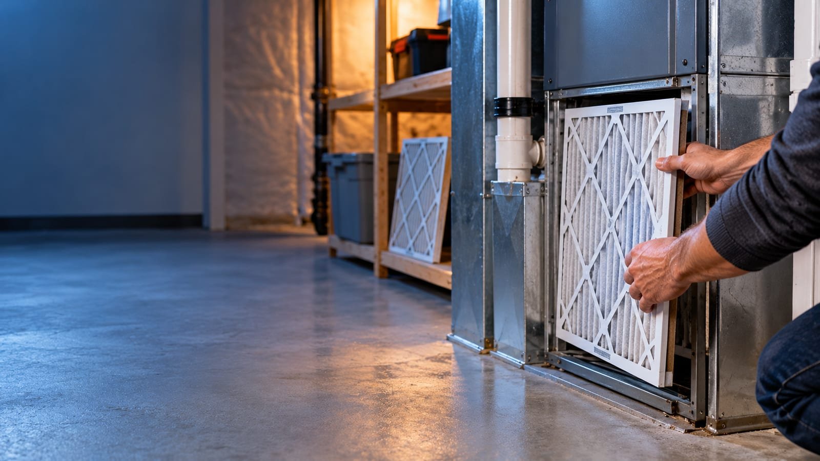 Homeowner changing a furnace filter before the Calgary heating season