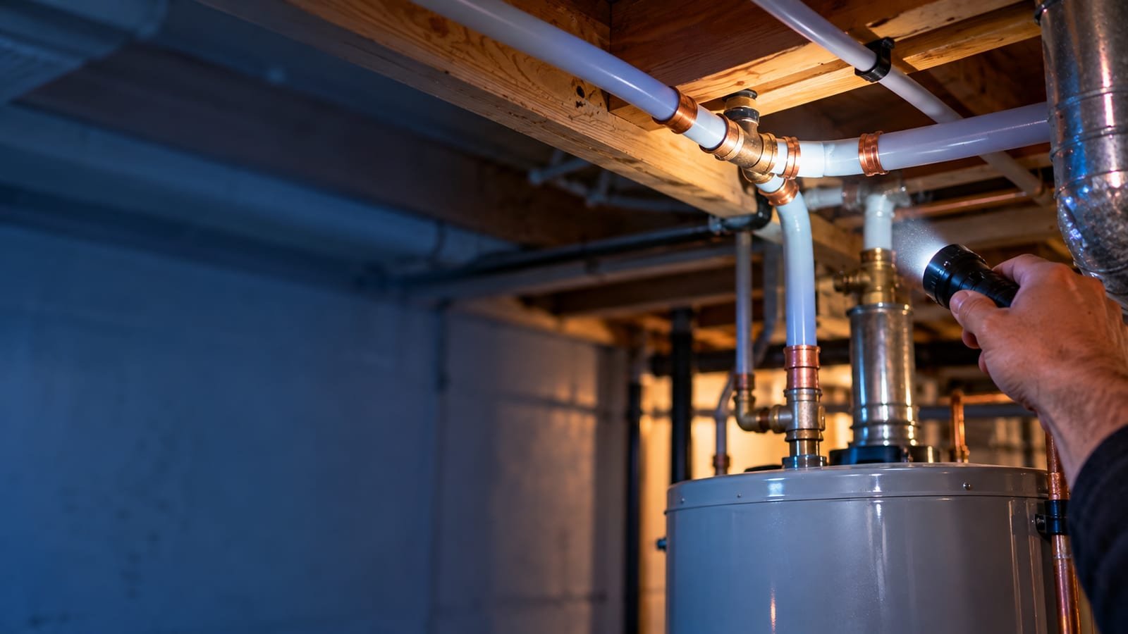 Grey Poly-B water pipe with copper crimp fittings in a Calgary basement