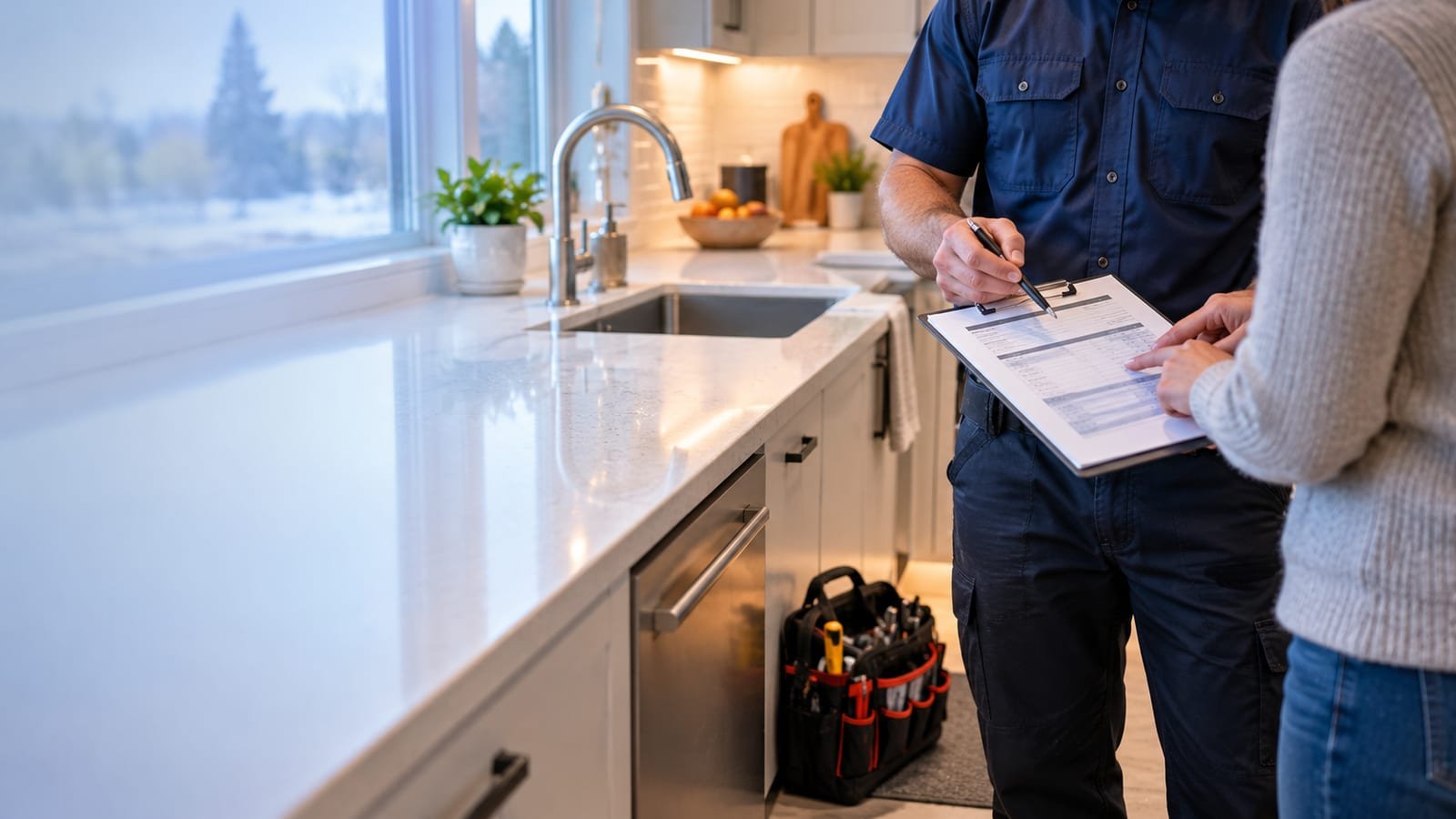 Plumber explaining a written plumbing quote to a Calgary homeowner