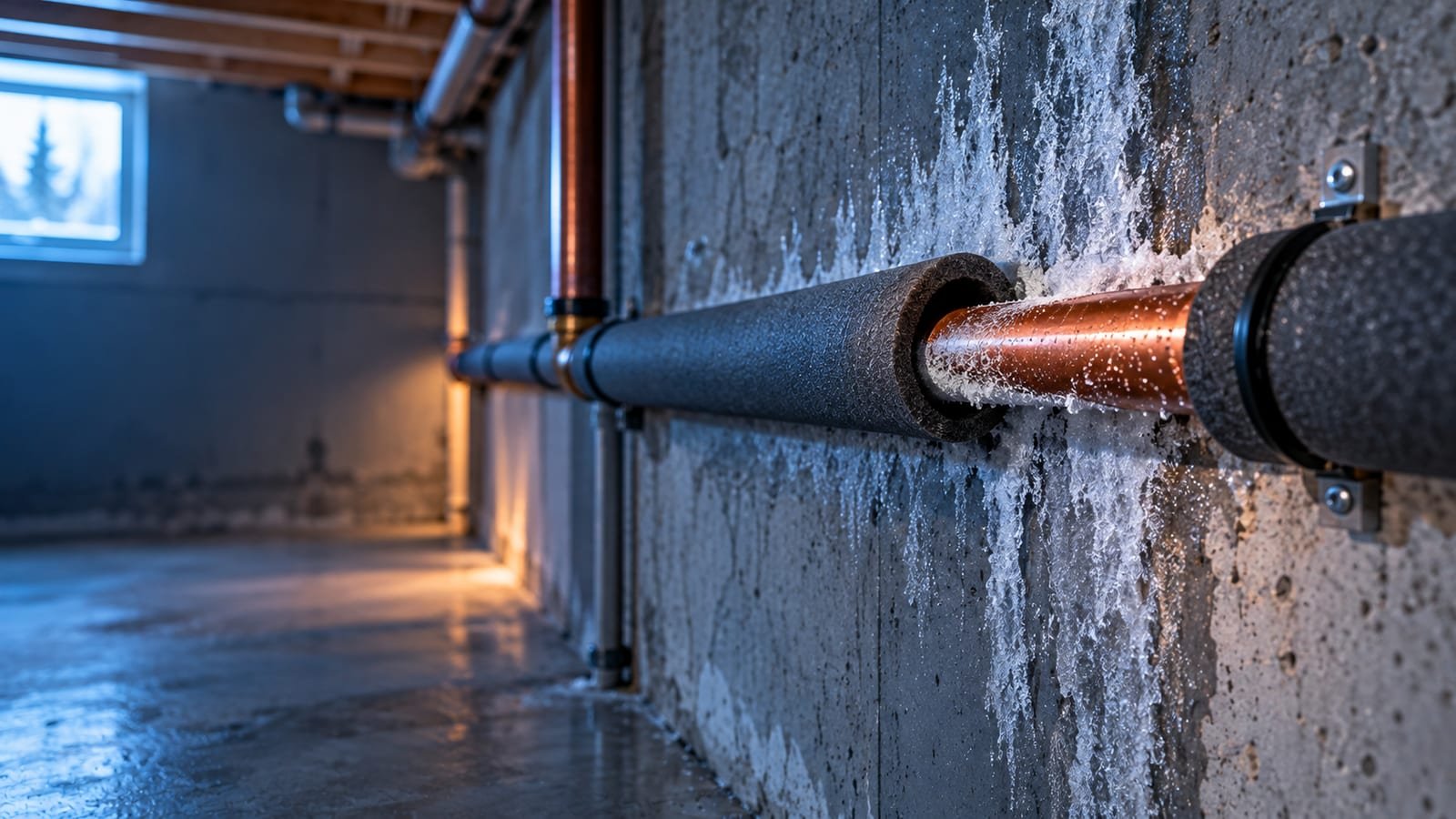 Insulated water pipe in a Calgary basement to prevent frozen pipes