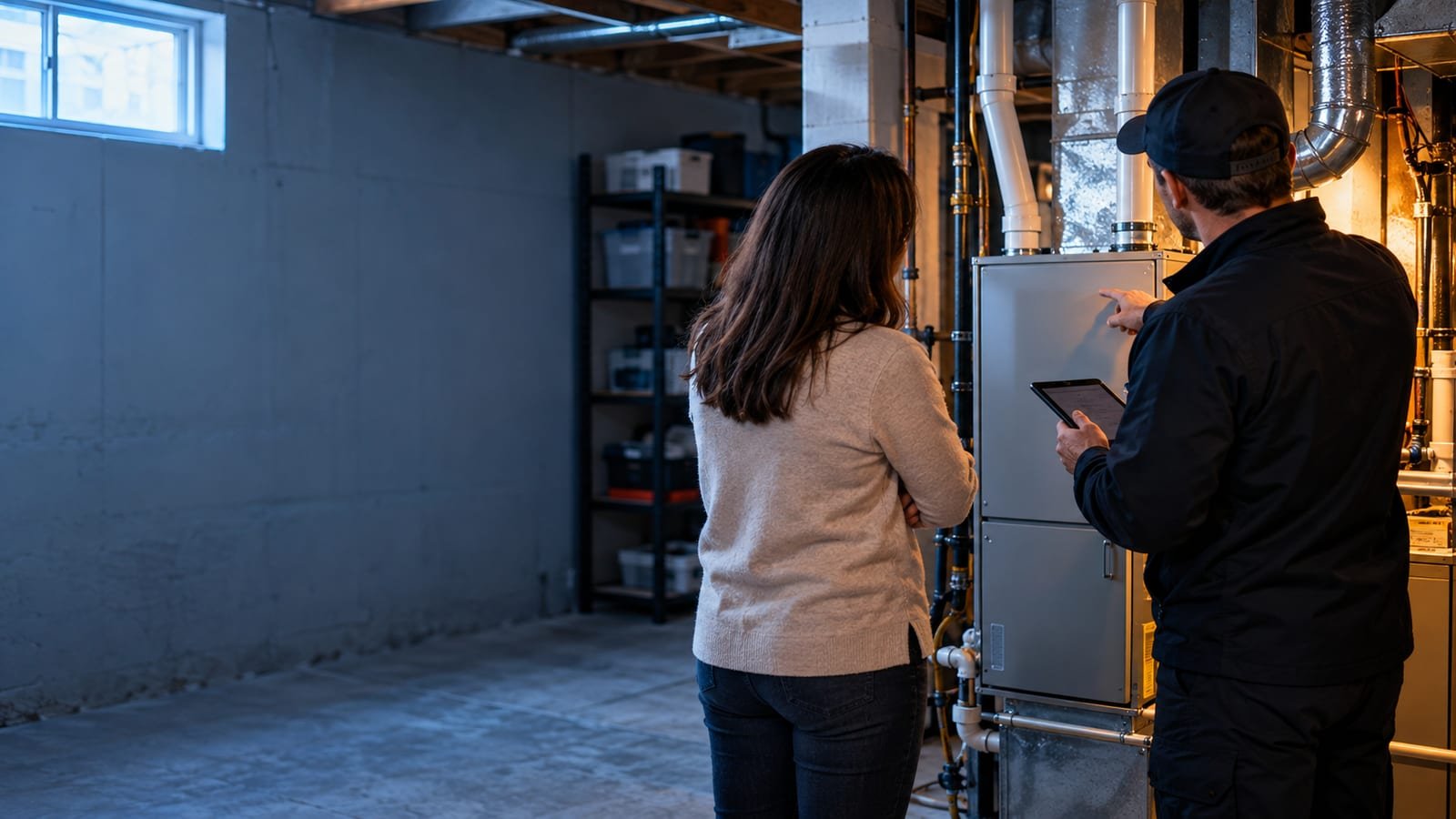 Homeowner and technician deciding whether to repair or replace a furnace