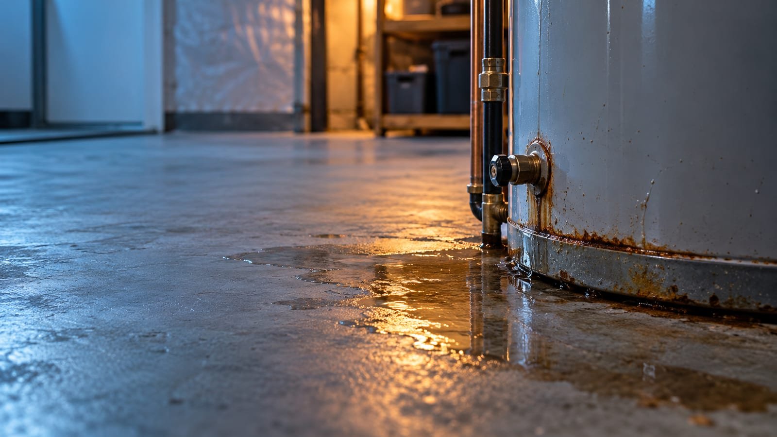 Water pooling at the base of a failing hot water tank