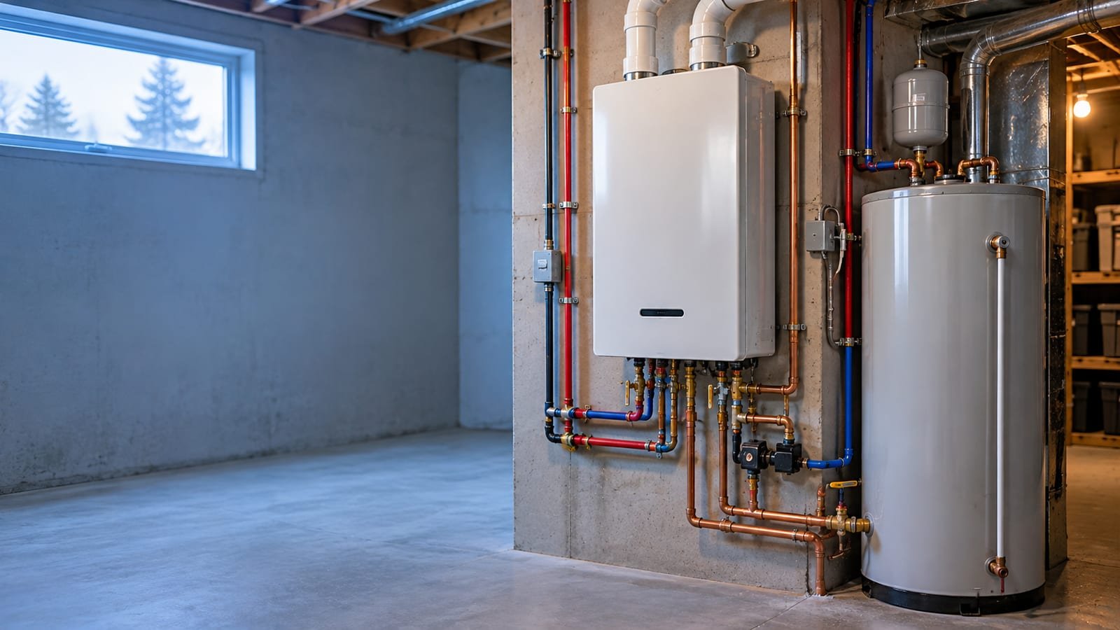 Tankless and traditional tank water heaters side by side in a Calgary home