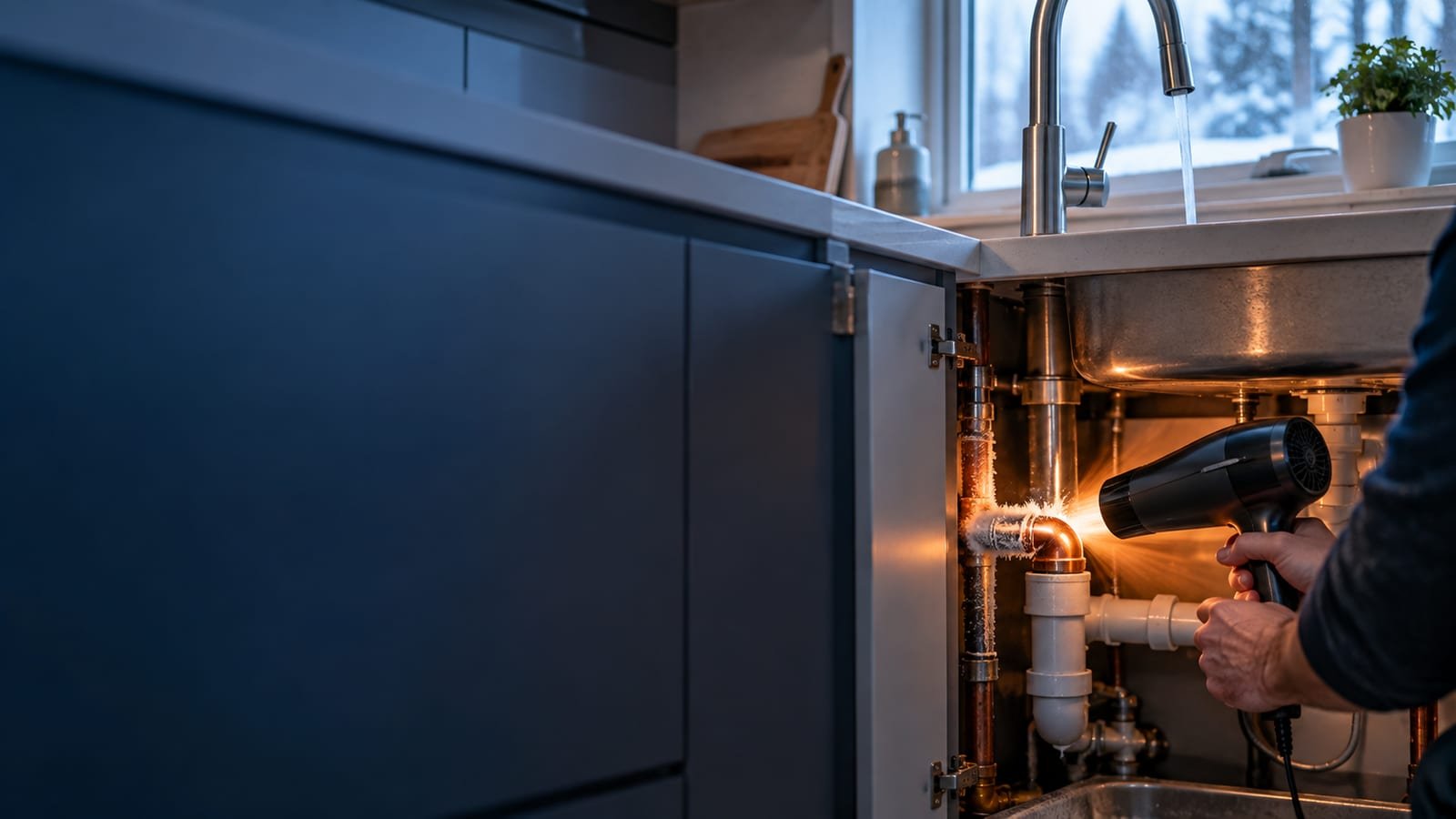 Homeowner using a hair dryer to thaw a frozen pipe safely