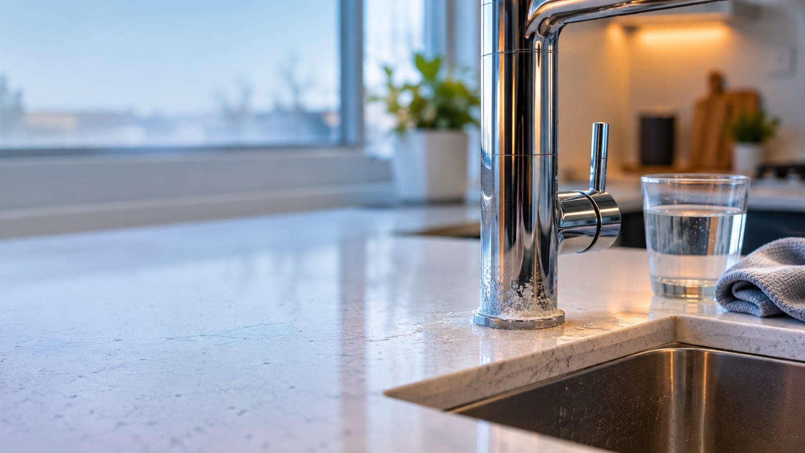Hard water mineral buildup around a kitchen faucet in a Calgary home