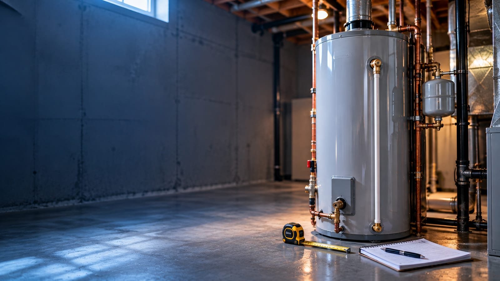 Measuring and sizing a hot water tank in a Calgary utility room