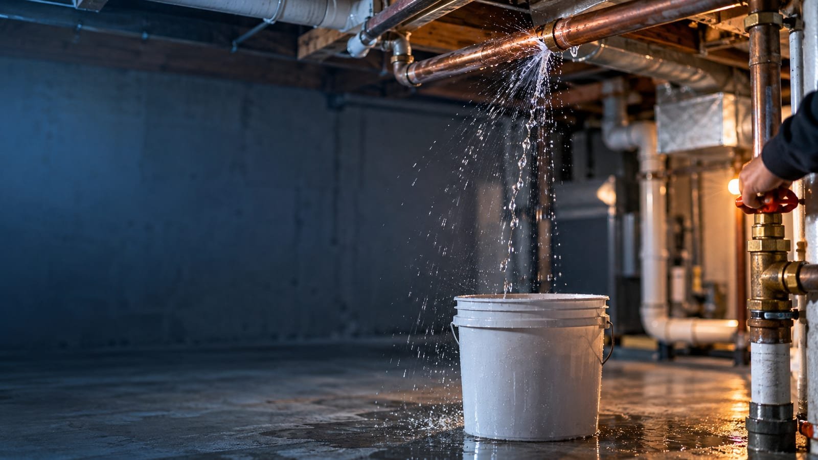 Burst pipe spraying water in a house before the main valve is shut off
